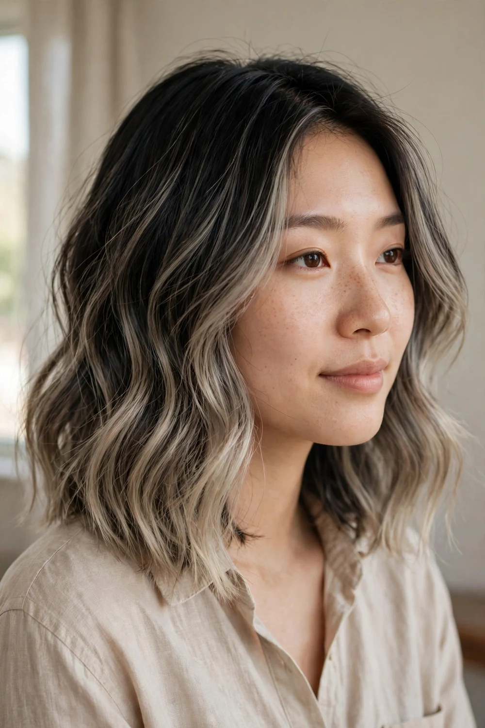 Collarbone-length lob with soft ash balayage dimension and loose bends