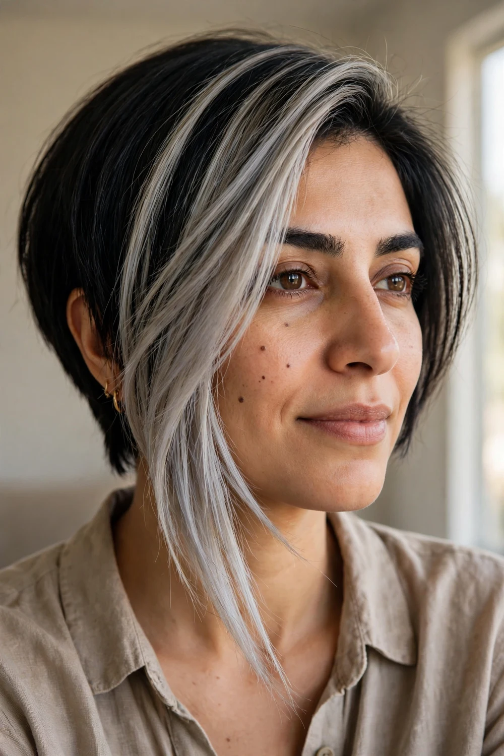 Asymmetrical angled bob with cool ash blonde panels on the longer front sections