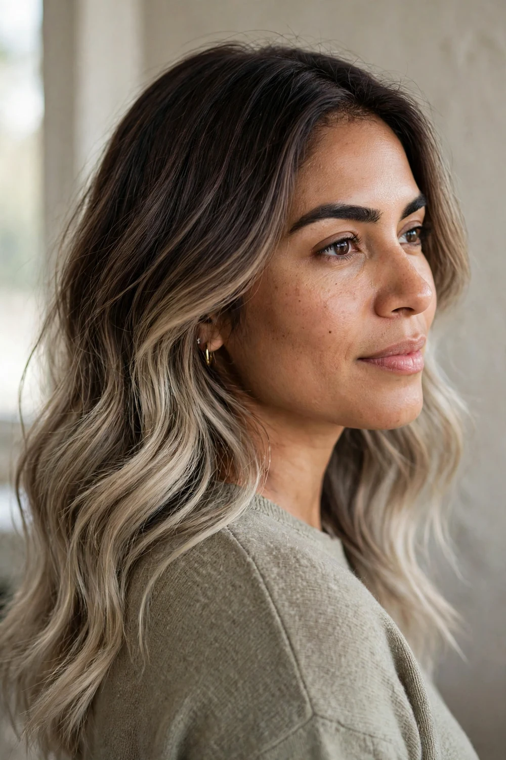 Long dark chocolate waves with soft ash blonde lift through the mids and ends