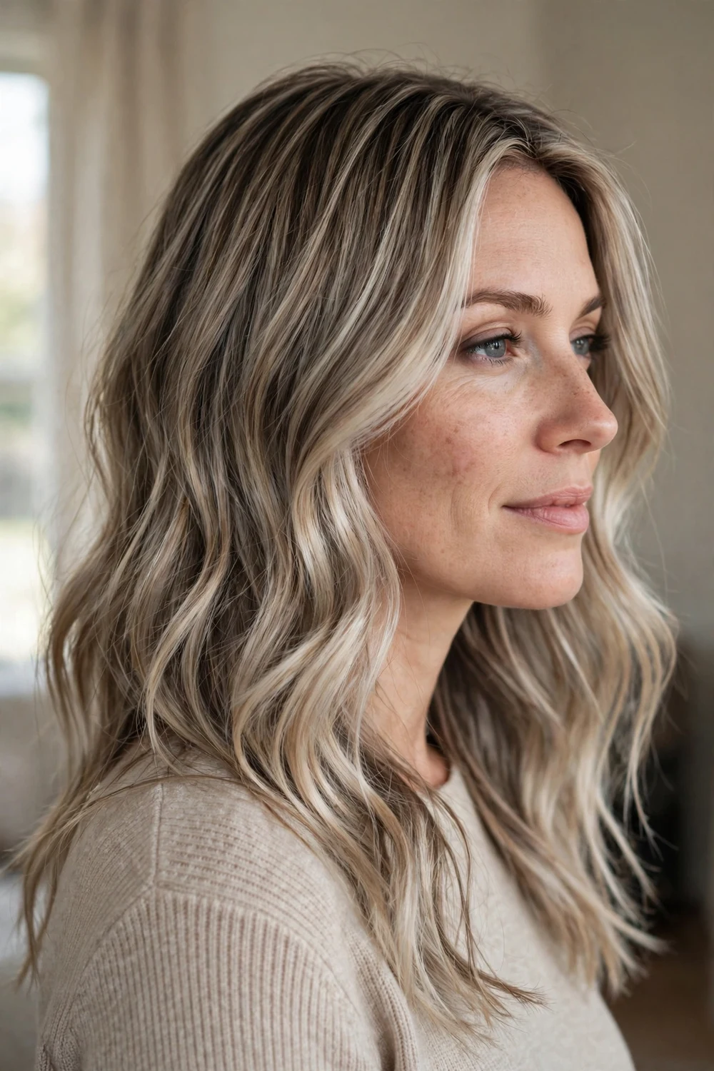 Medium-long hair with cool-neutral mushroom blonde balayage and smoky gloss