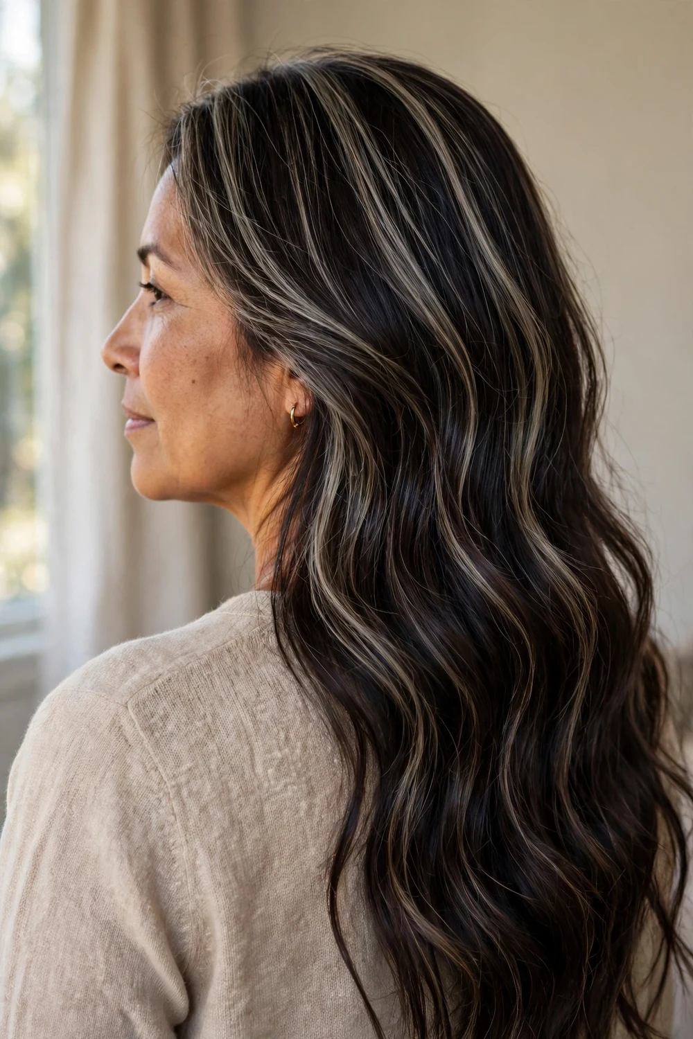 Deep brunette hair with lightly scattered smoky ash ribbons on the surface