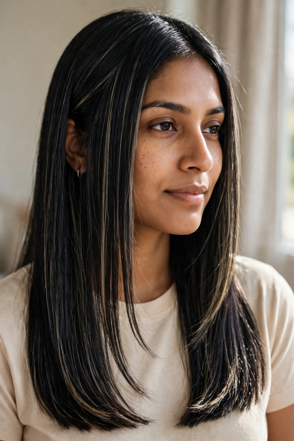 Sleek straight near-black hair with fine spaced ash blonde balayage strands