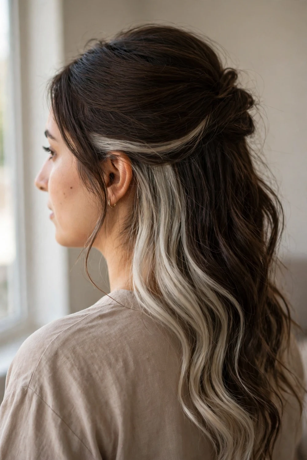 Dark hair with peekaboo cool ash blonde underlights hidden beneath the top layer
