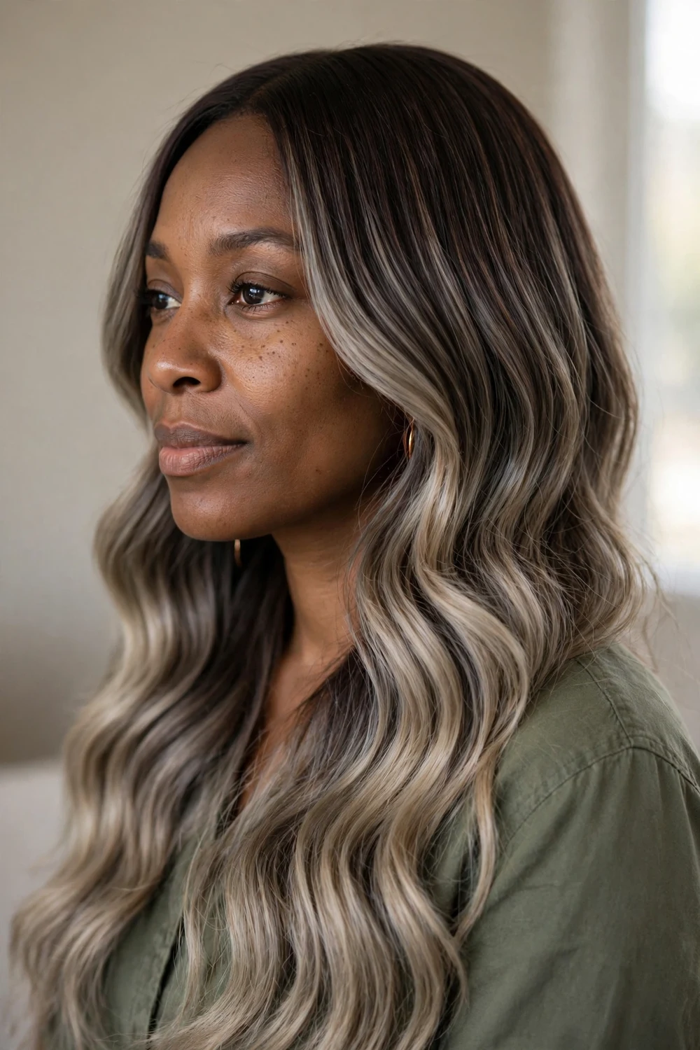 Long uniform waves with smoky ash bronde balayage melting from brunette roots