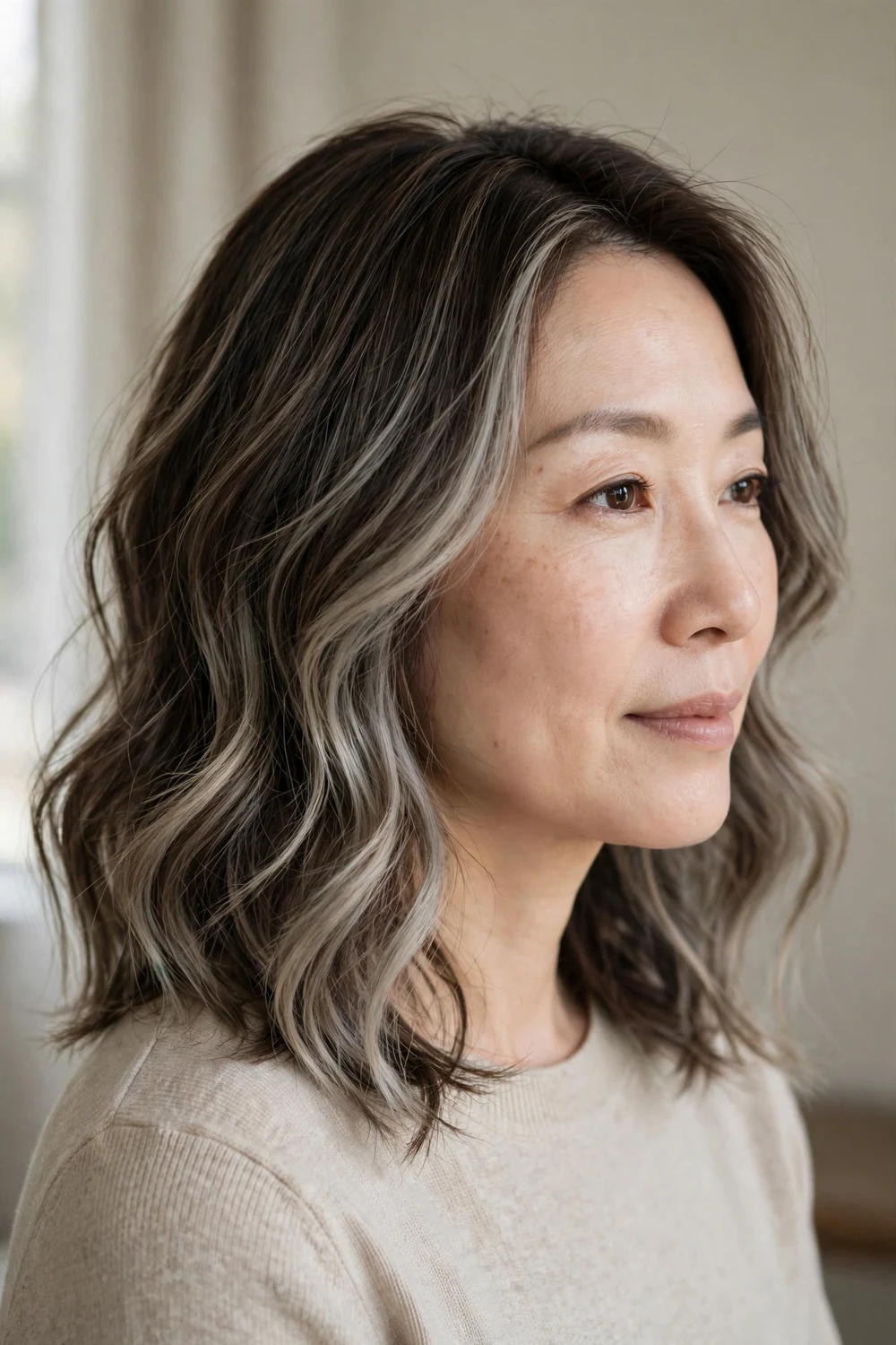 Soft subtle ash blonde balayage with muted tones blending from dark roots