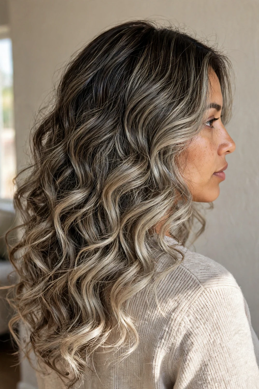 Full balayage with ash blonde tones cascading through the entire length of thick hair