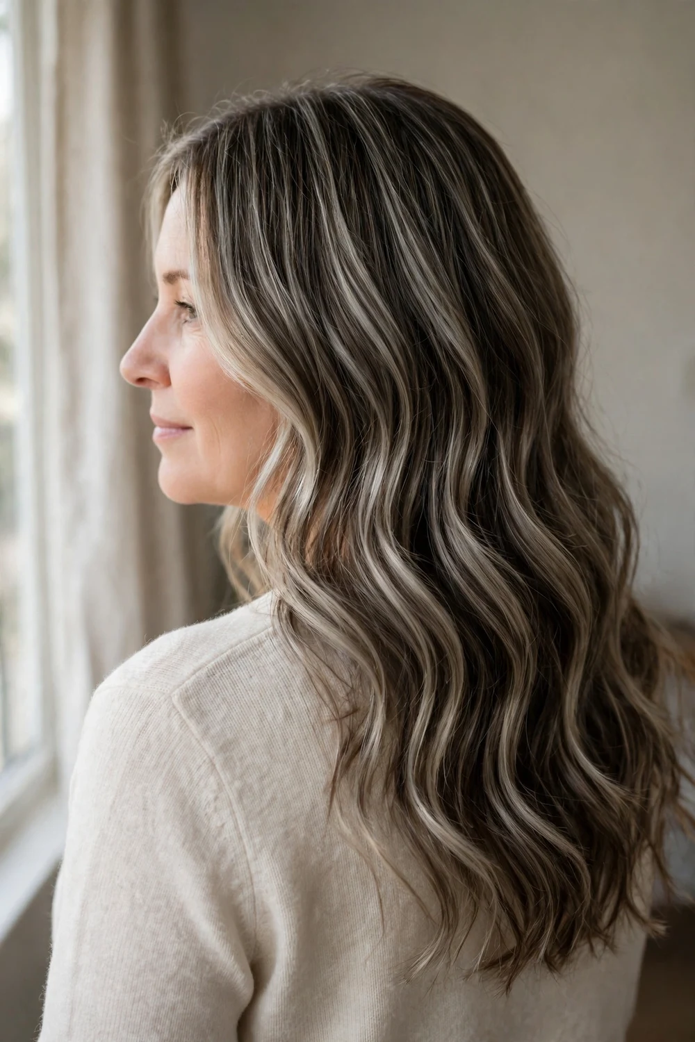 Cool brown base with ash blonde balayage creating soft striking contrast
