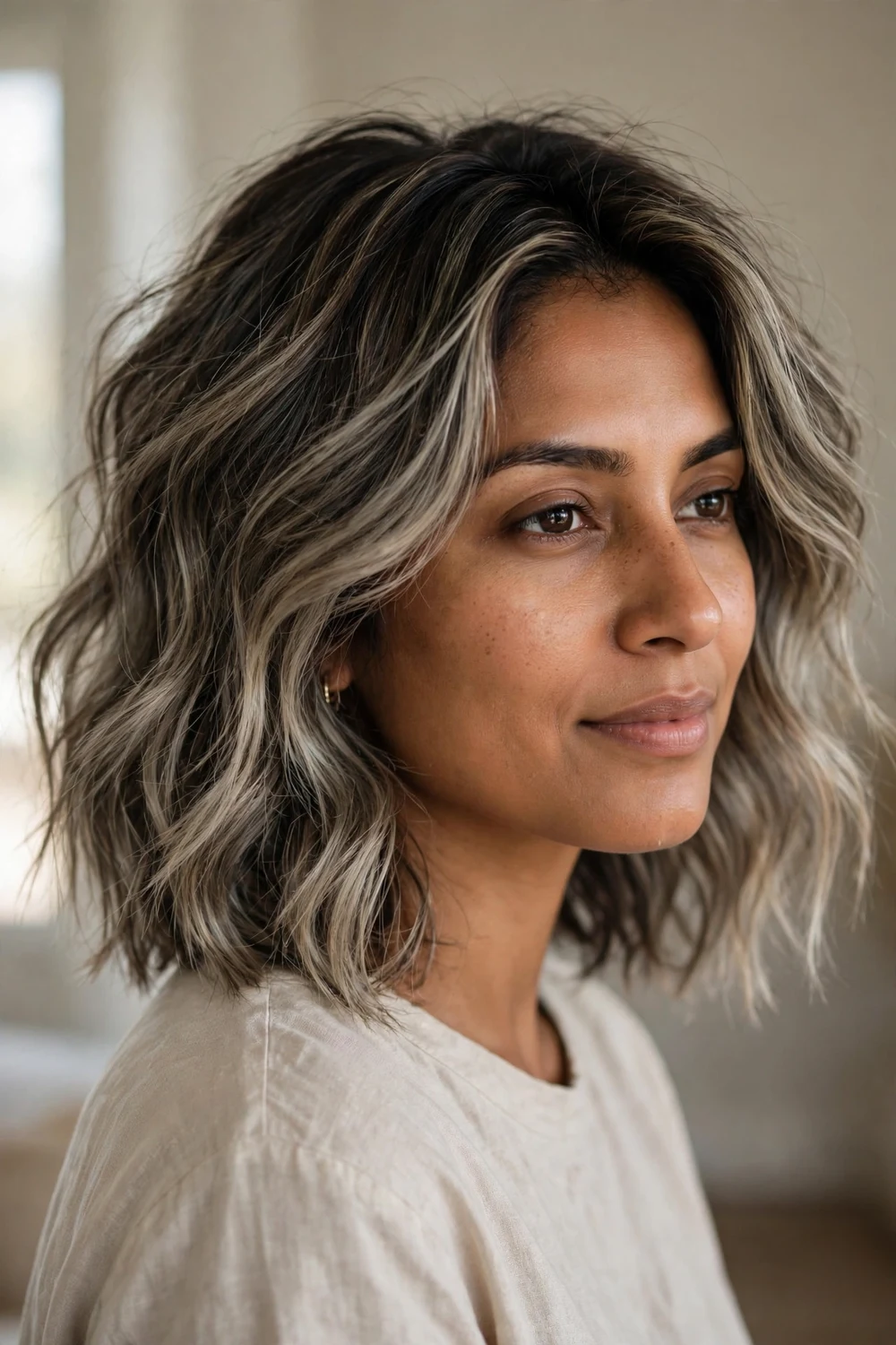 Shoulder-length tousled hair with ash blonde balayage and dark roots