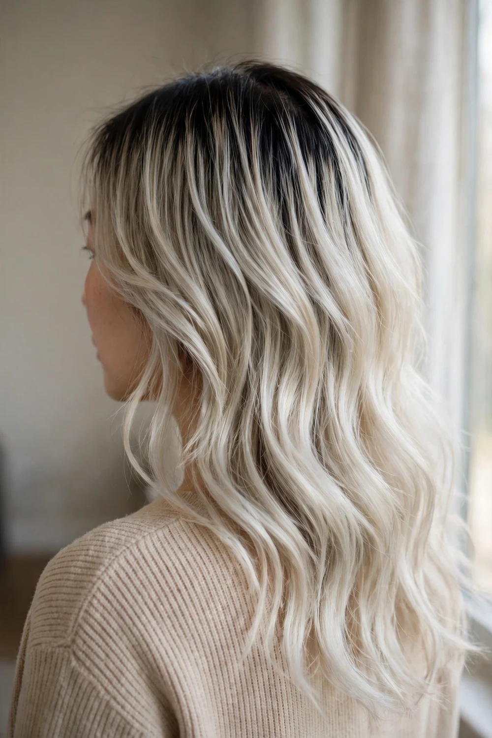 Icy platinum ash blonde balayage with layered waves on a dark root