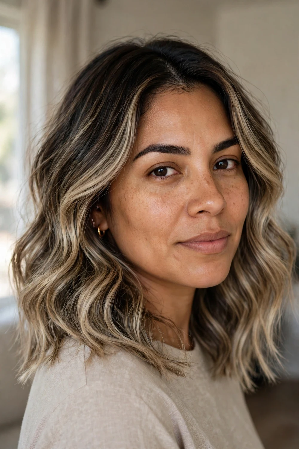 Sandy ash blonde balayage softening dark roots with shoulder-length waves