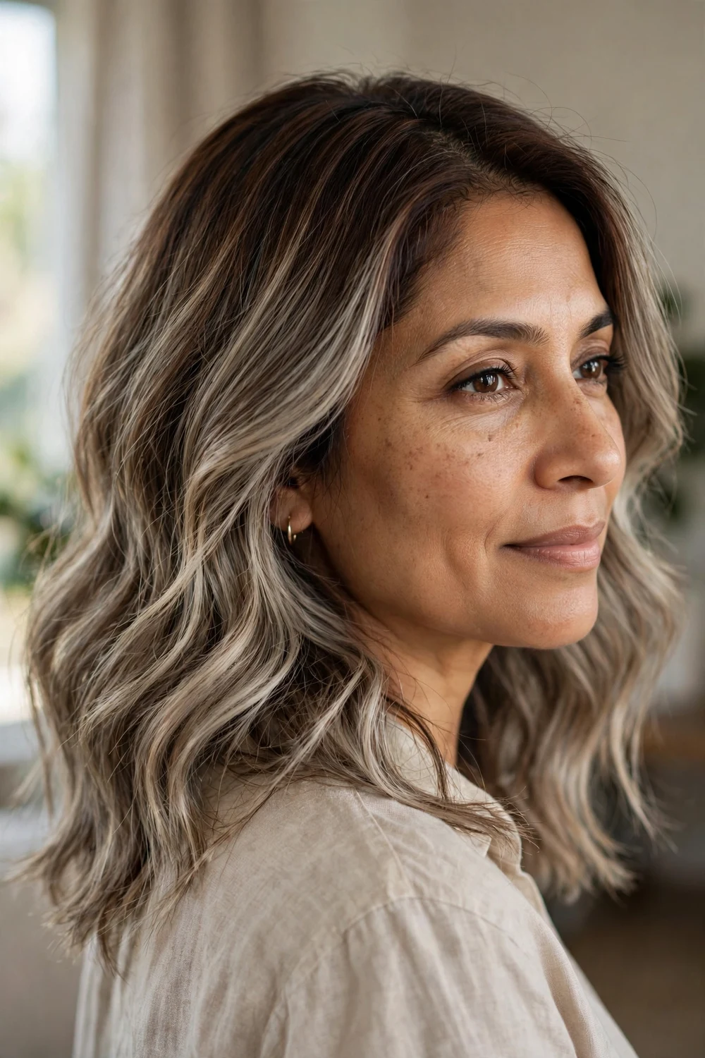 Ashmocha hair color with deep mocha roots and ashy blonde highlights