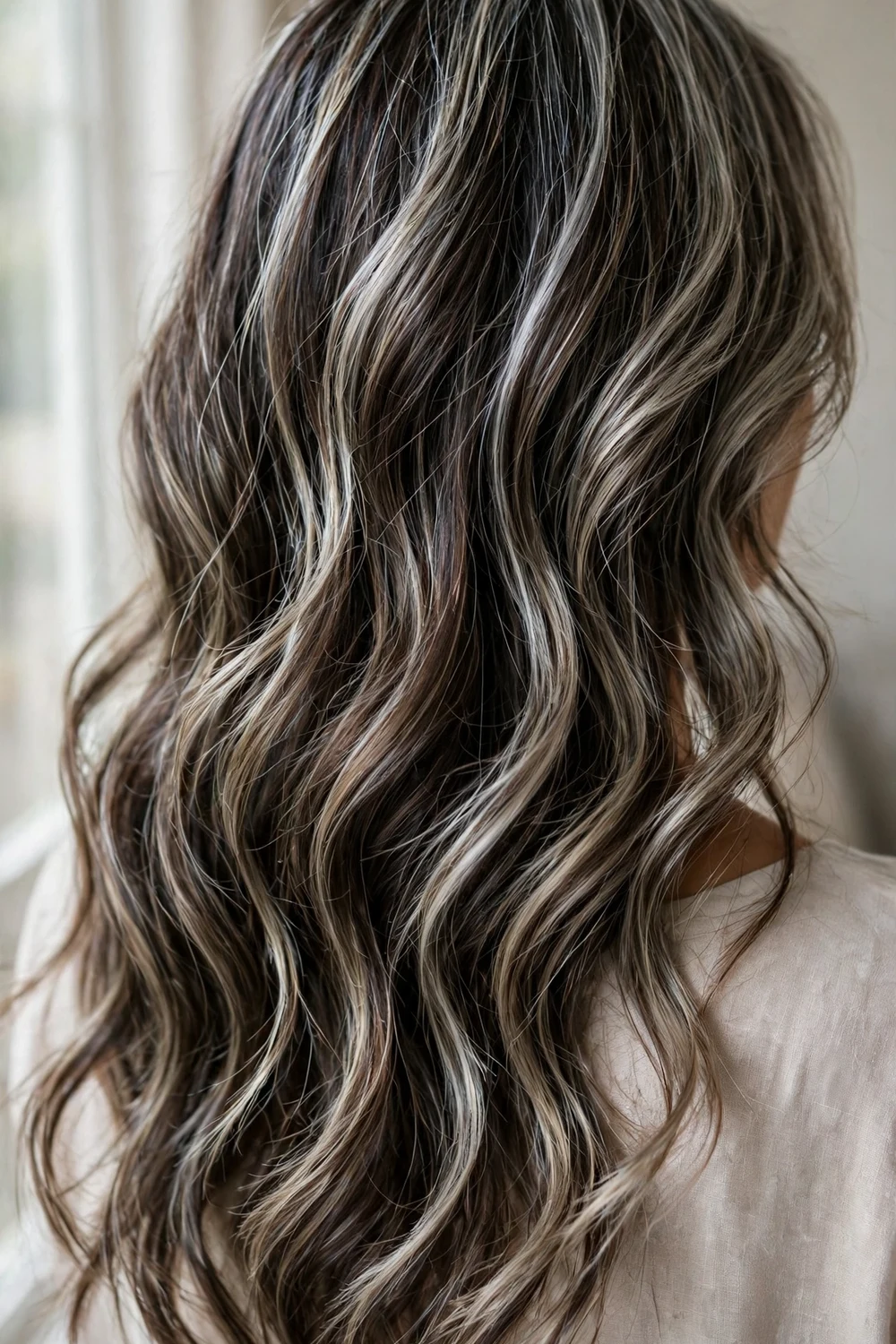 Ash blonde balayage with metallic silver strands for a modern edgy finish