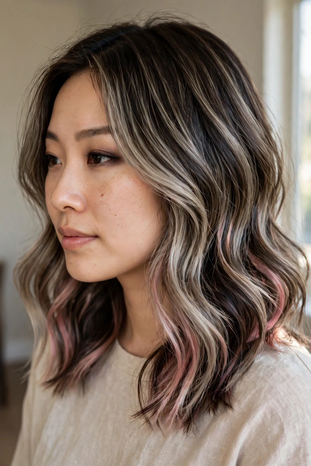 Ash blonde balayage with subtle pink undertones for a delicate warm twist
