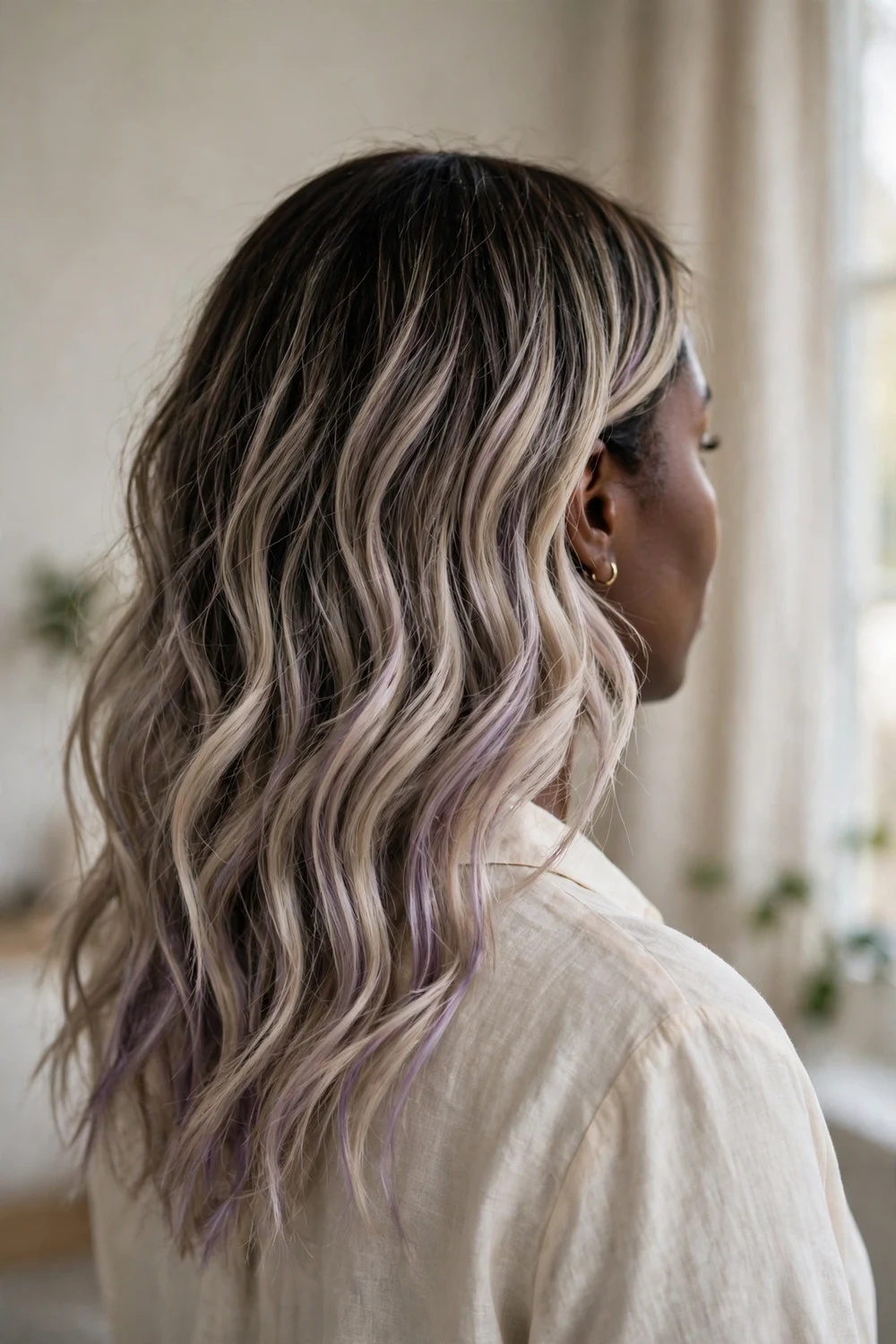 Ash blonde balayage with soft lavender hints woven through the ends