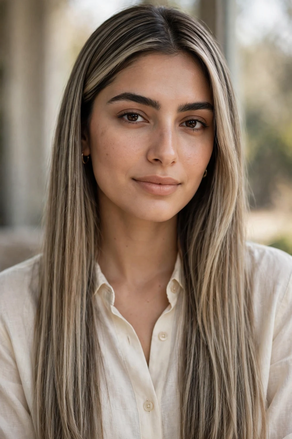 Woman with cool beige balayage through straight dark blonde hair