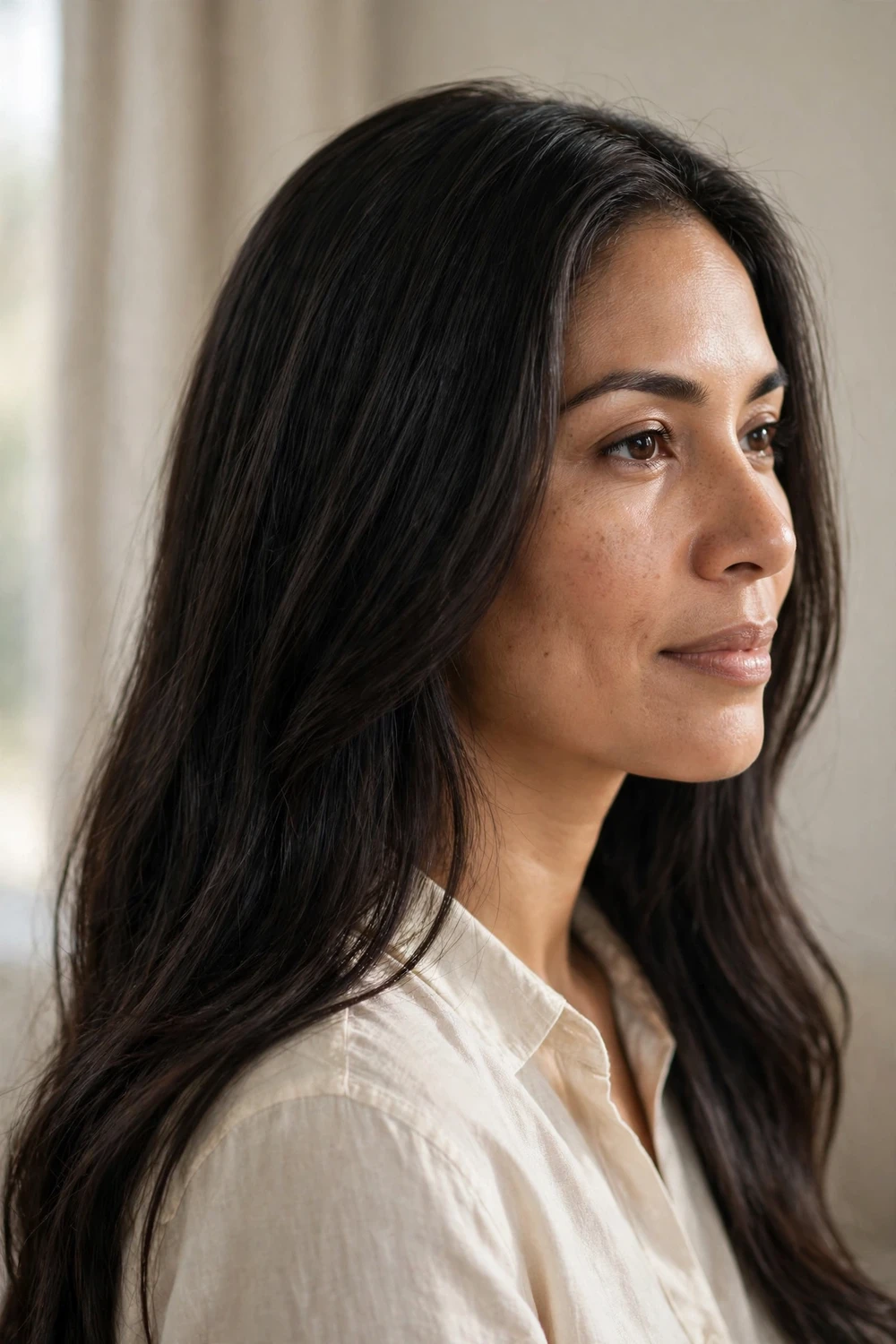 Woman with cool dark brown long hair in a rich neutral dark brown shade