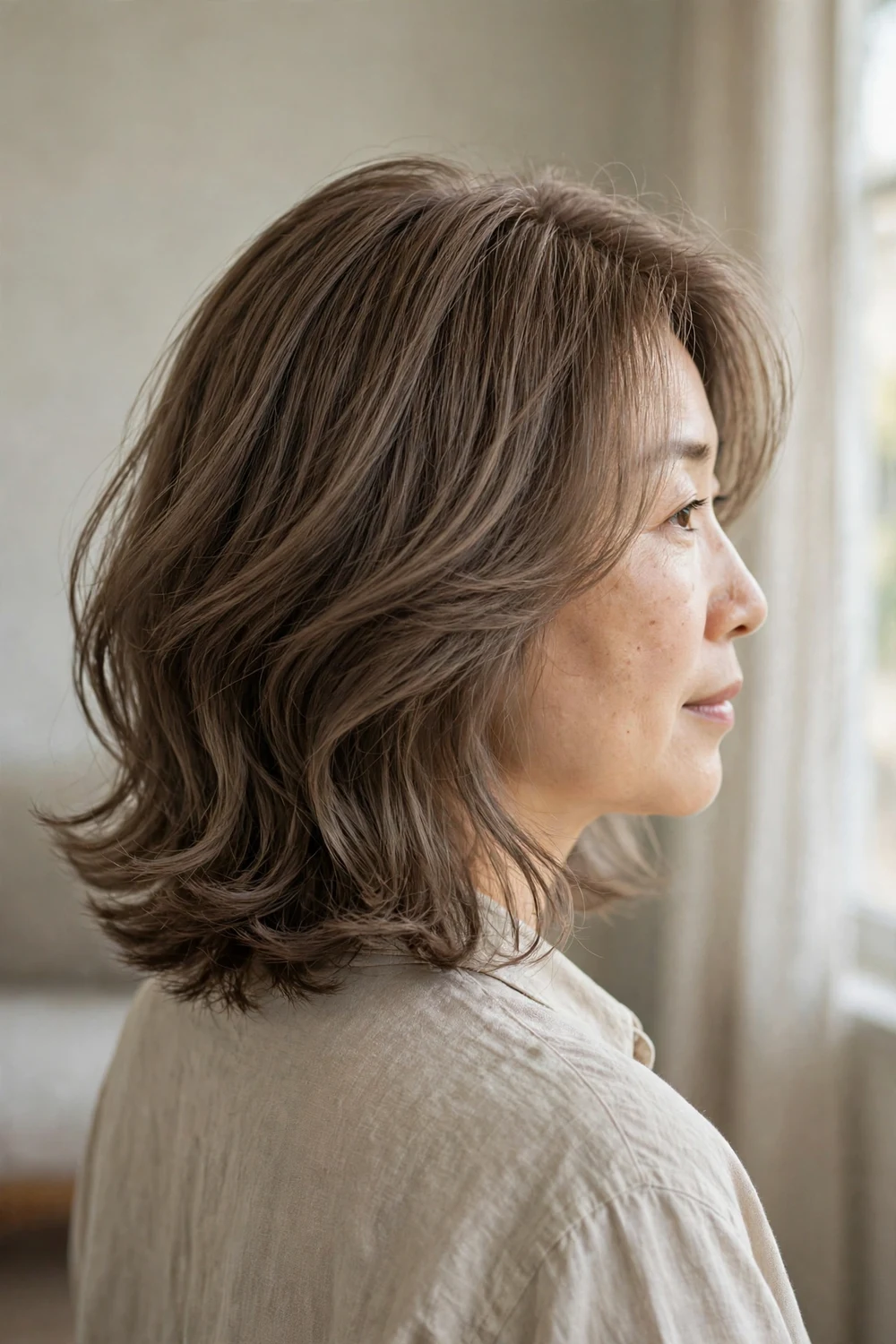 Cool mushroom brown shoulder-length hair in an ashy beige-brown shade