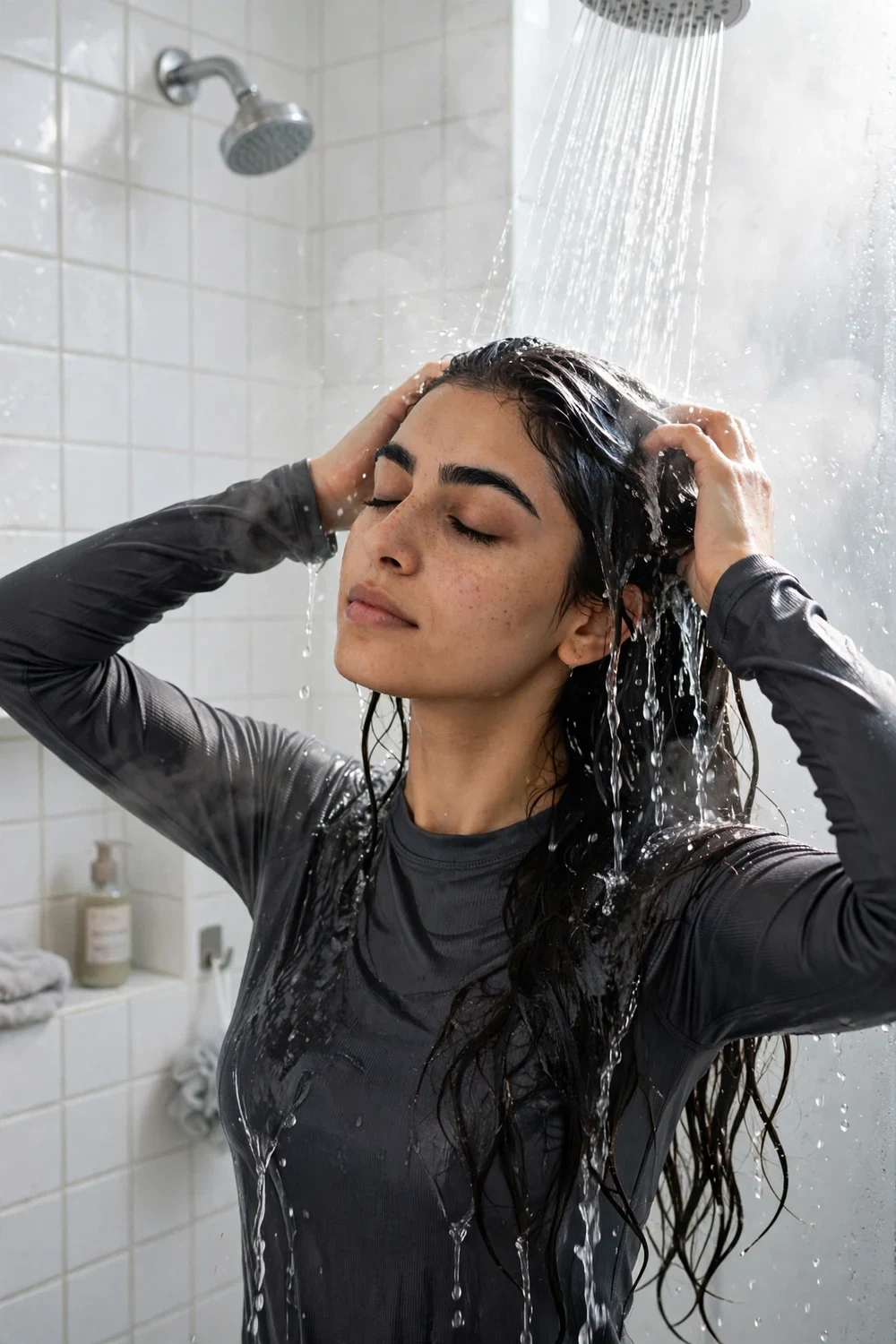 Woman rinsing her hair with cool water after a steam treatment to seal the cuticle