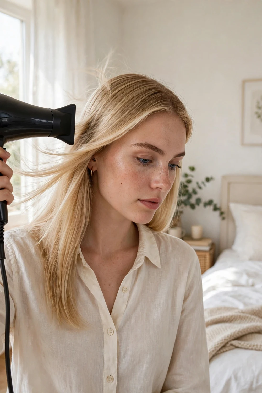 Woman finishing her blowout with the cool setting on her hair dryer