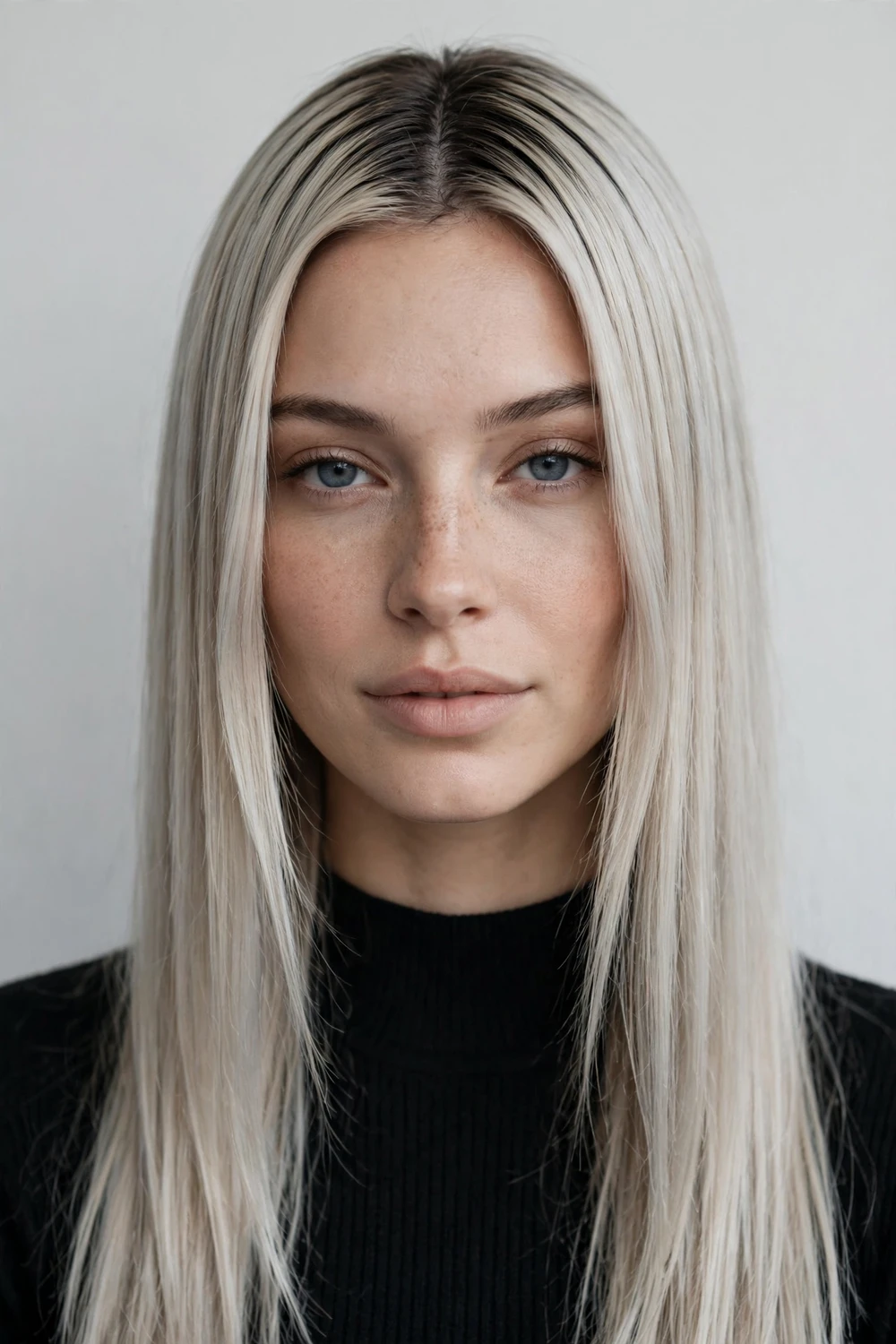 Cool-toned sleek blonde hair with dark roots