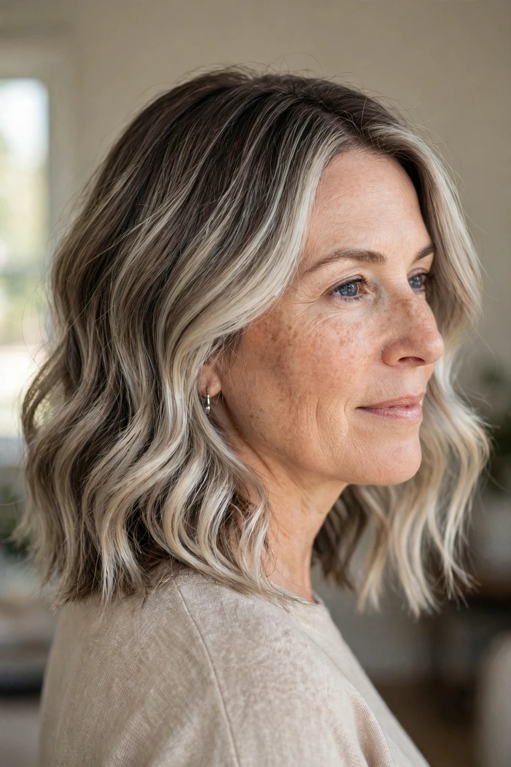 Woman with cool-toned bronde balayage in medium wavy hair with cool brown and blonde blend