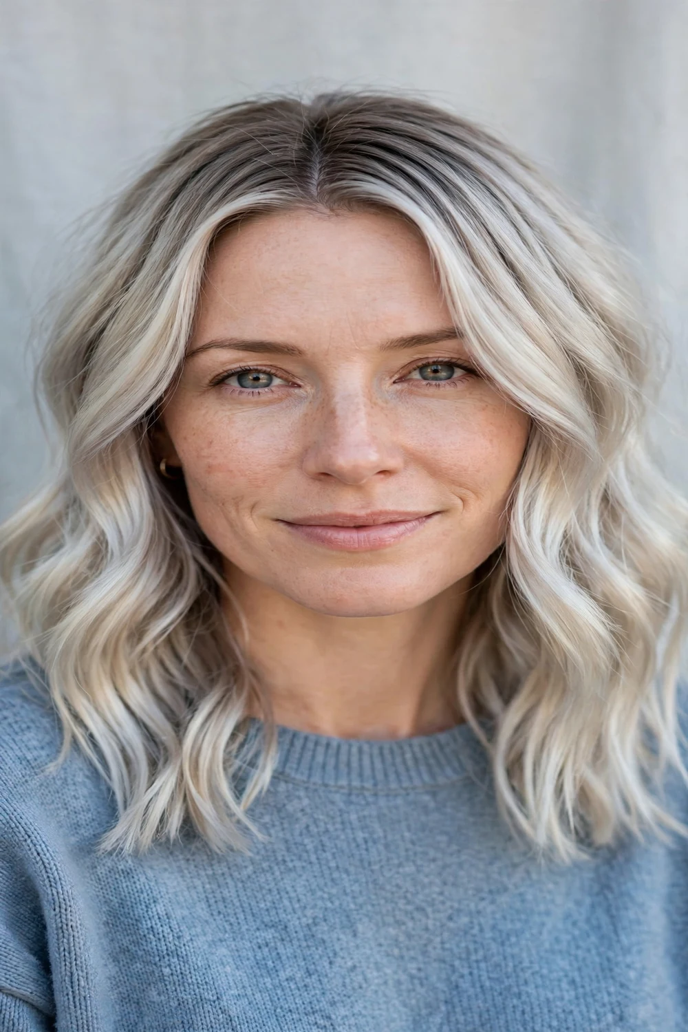 Woman with cool-toned full balayage, icy ash blonde throughout