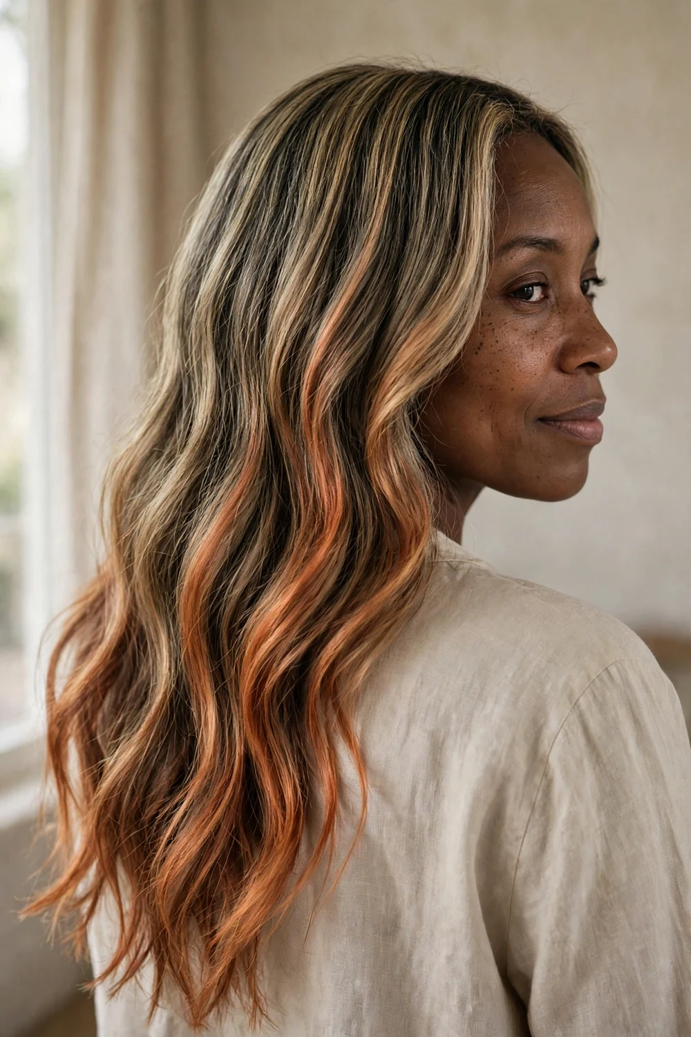 Dark blonde long hair with copper balayage through mid-lengths and ends