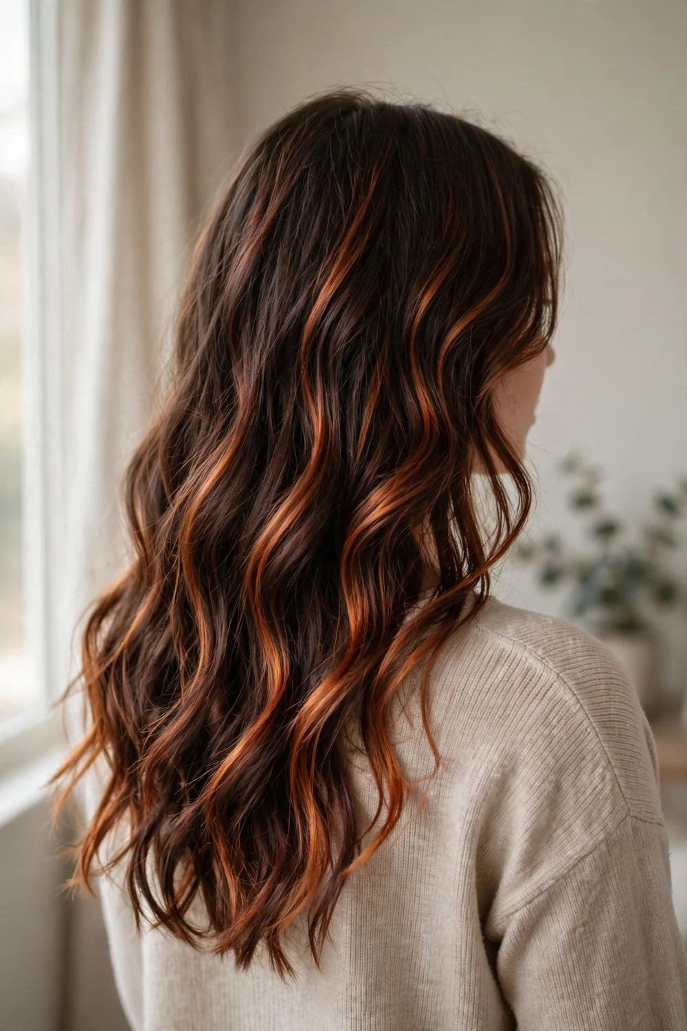 Back view of dark brown wavy hair with copper balayage ribbons