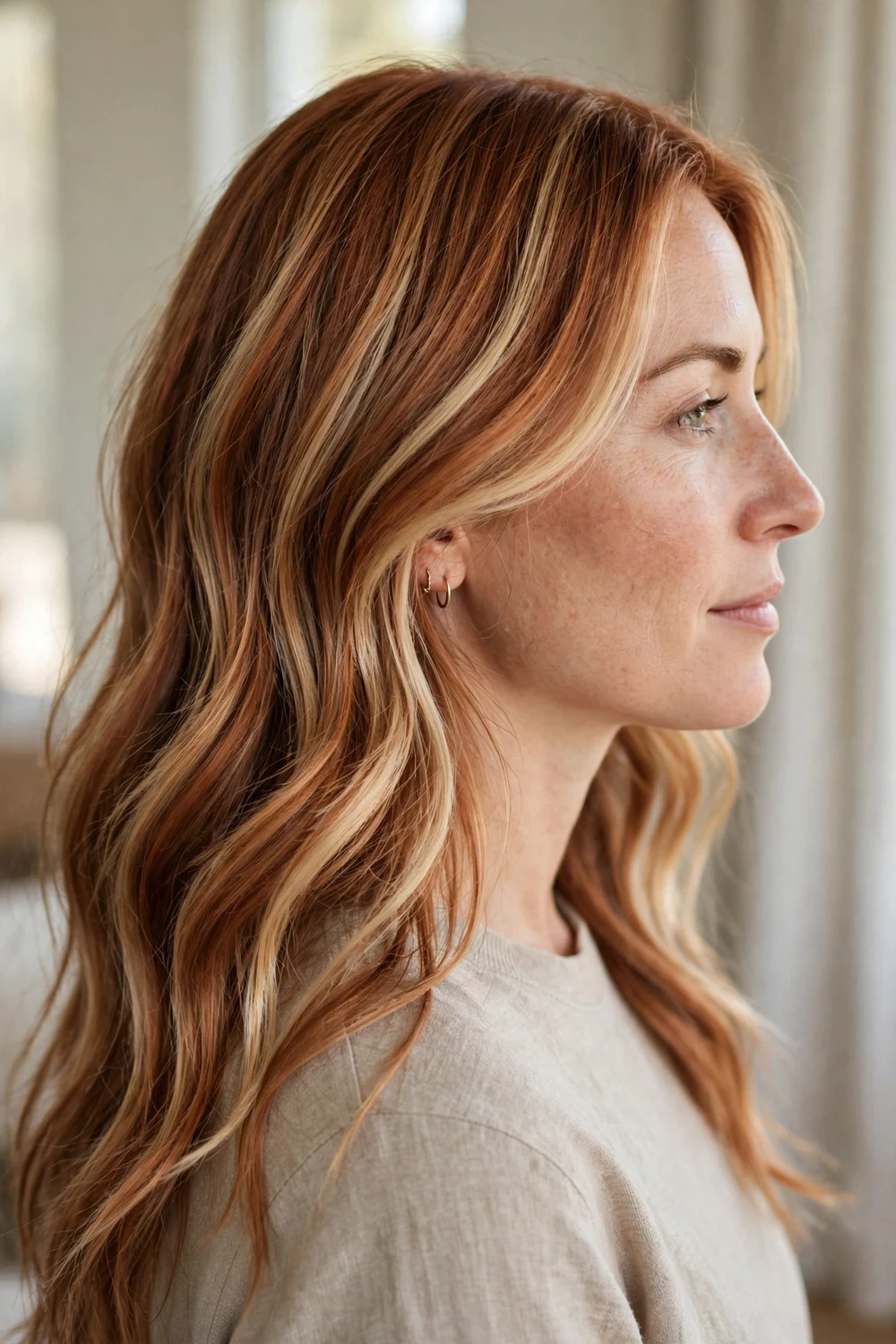 Cowboy copper balayage blended with soft blonde ribbons