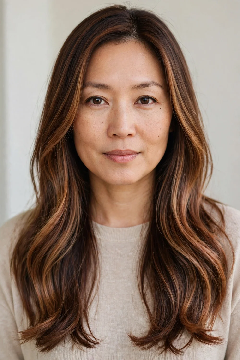 Woman with copper-blonde balayage on brown hair, warm copper gold blonde tones