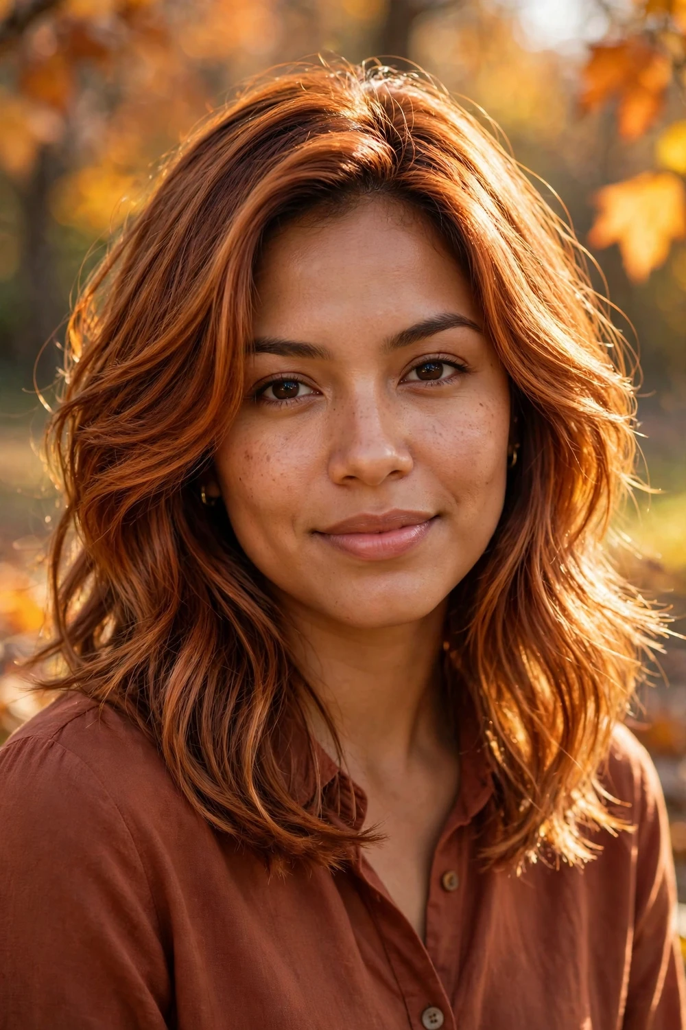Woman with copper bronde fall hair color