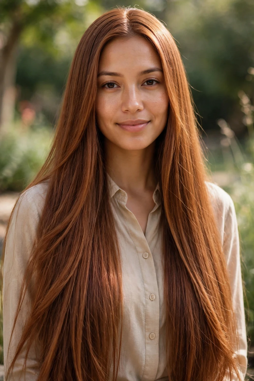 Woman with long straight traditional copper brown hair, warm brown with copper glow