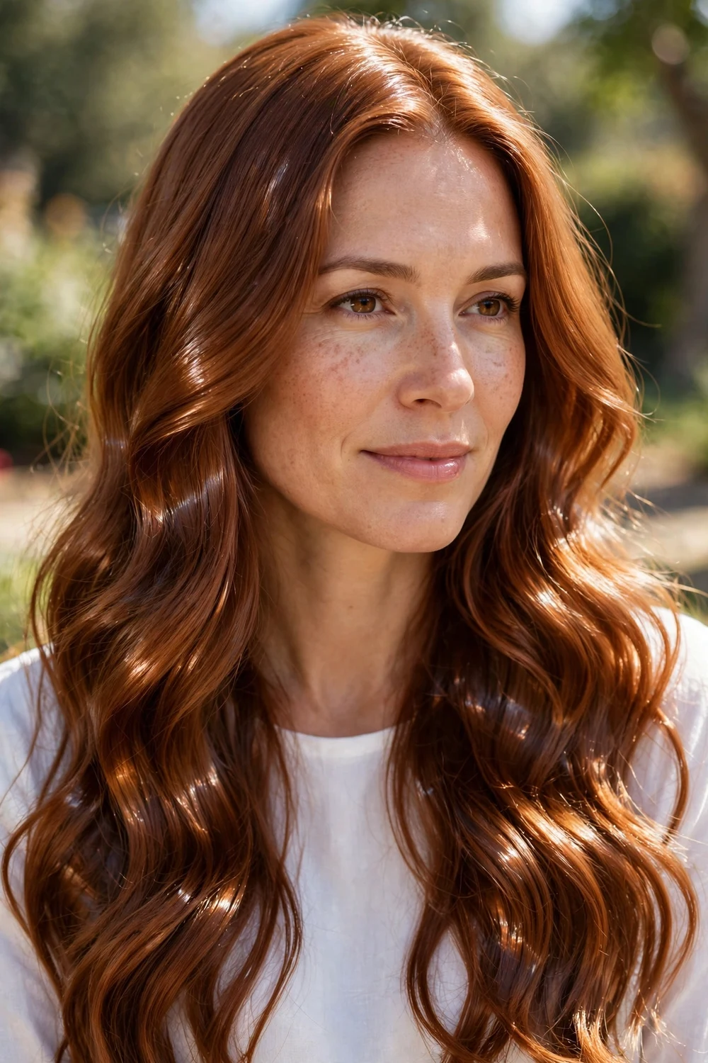 Woman with ultra-glossy copper brown glass hair in loose waves