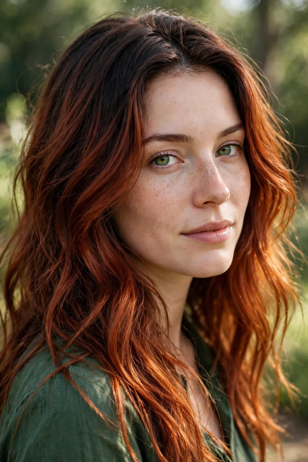 Woman with deep copper auburn hair, rich red-brown with copper flash