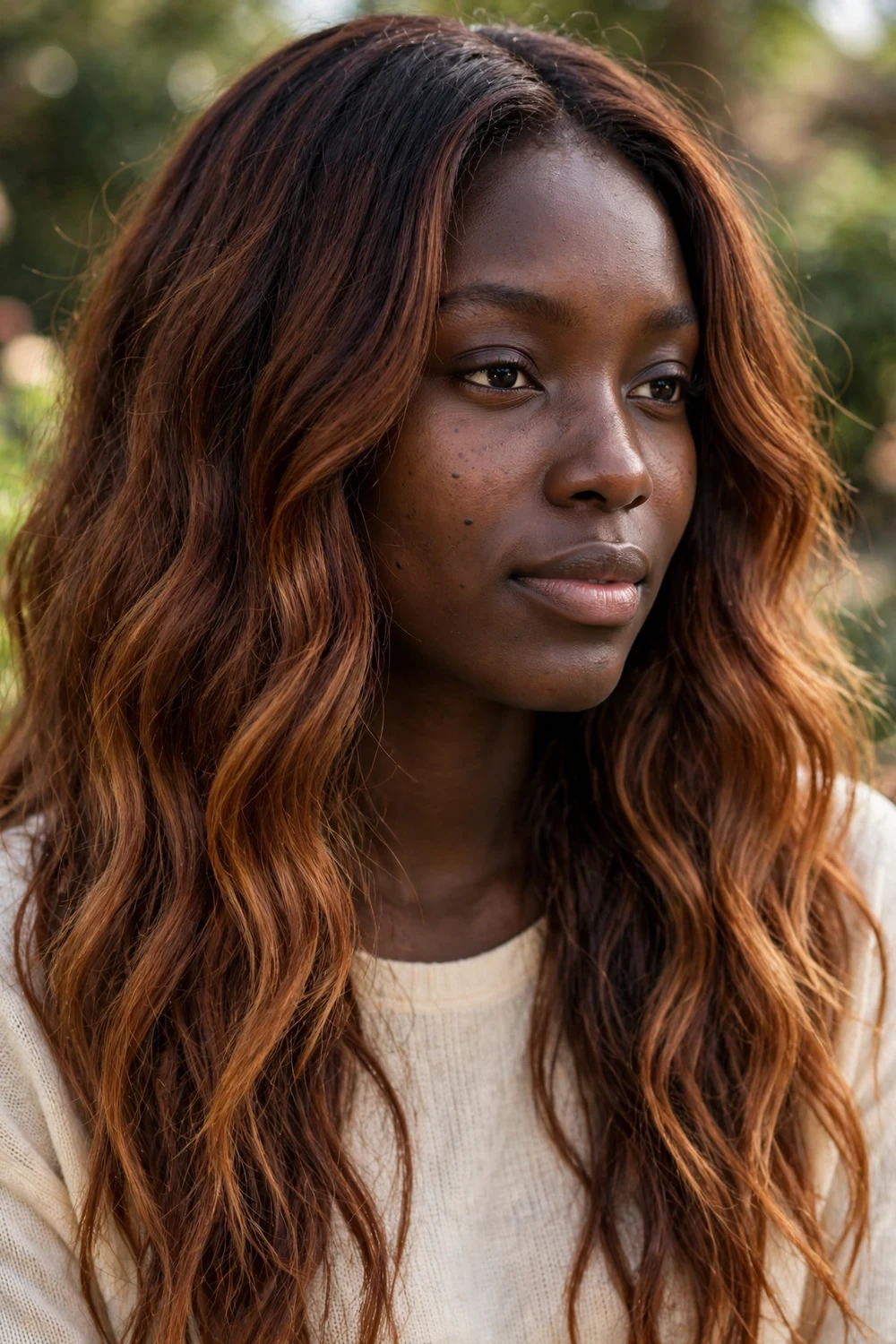 Woman with seamless copper brown color melt, multiple brown and copper tones blended