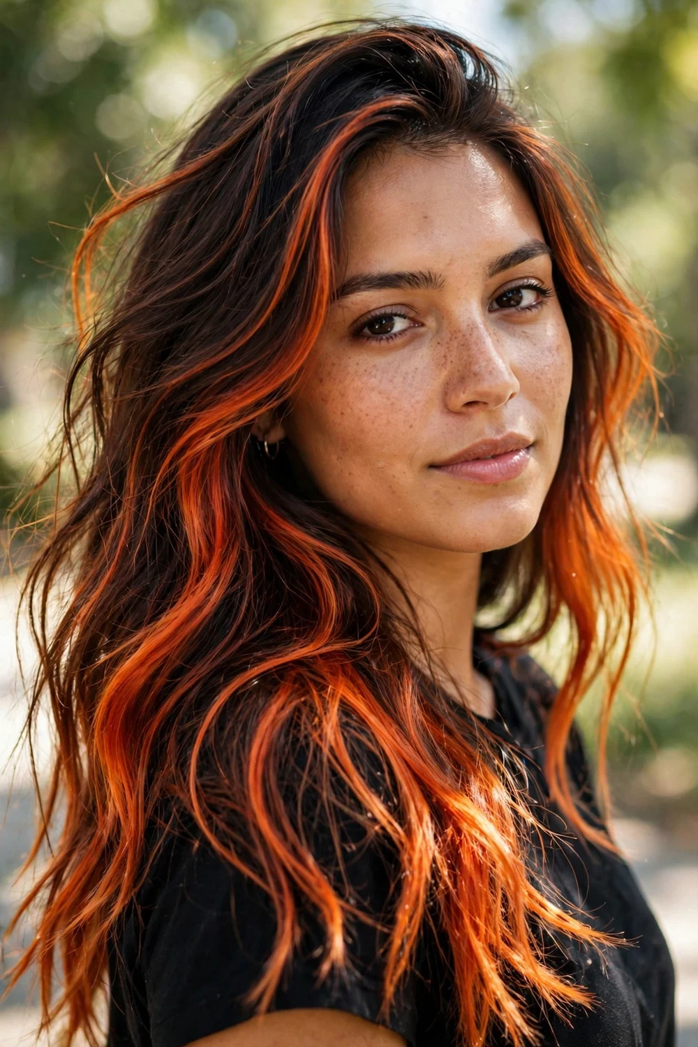 Woman with bold fiery copper brown hair, bright copper over dark brown base