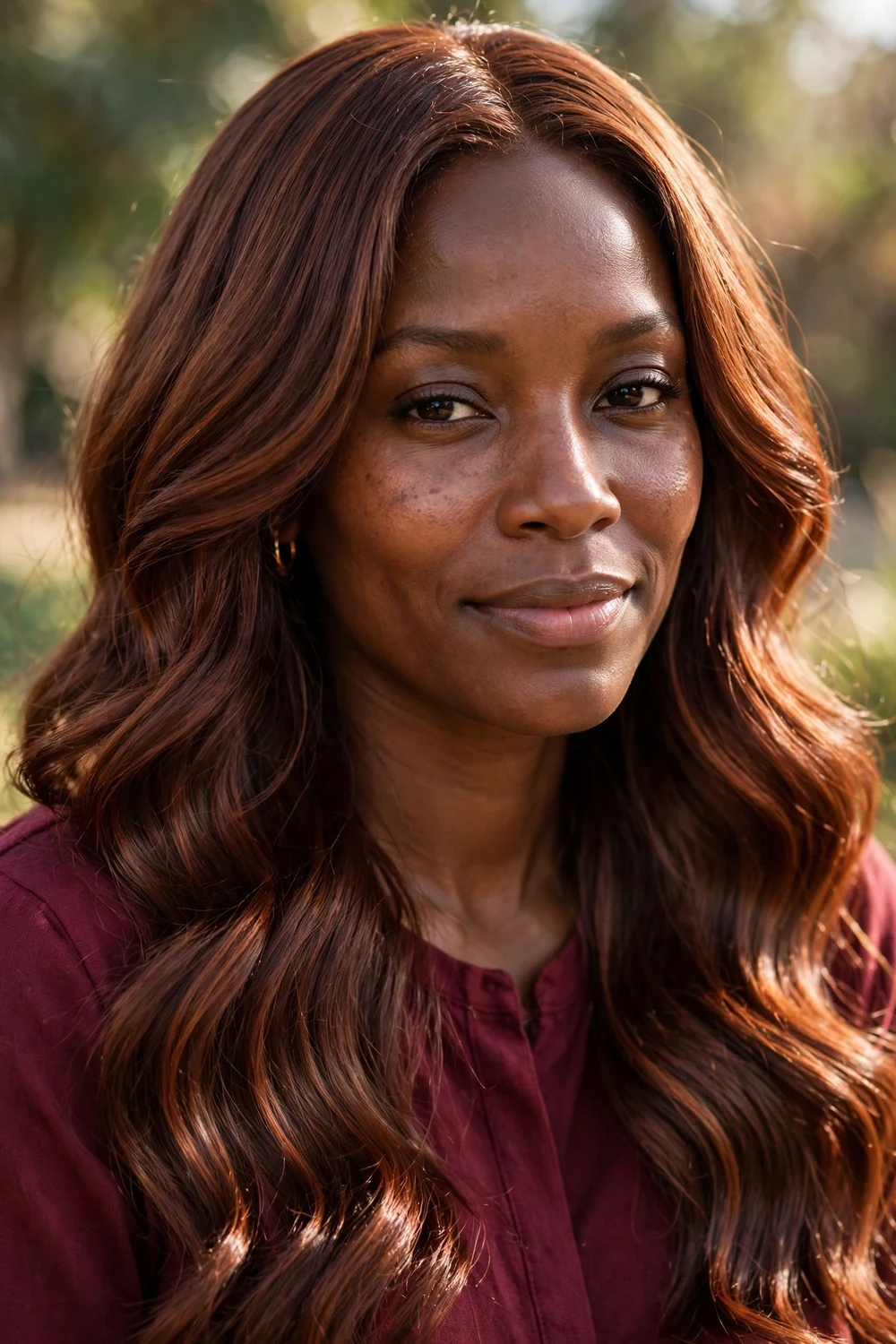 Woman with chocolate brown hair and spicy copper highlights, glossy waves
