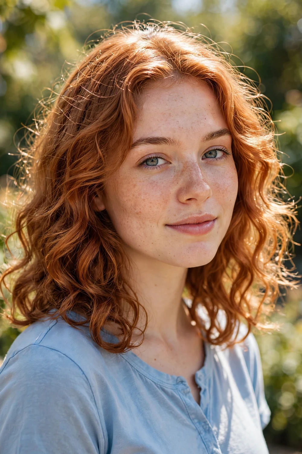 Woman with light copper brown hair, neither too striking nor too subdued, in soft curls