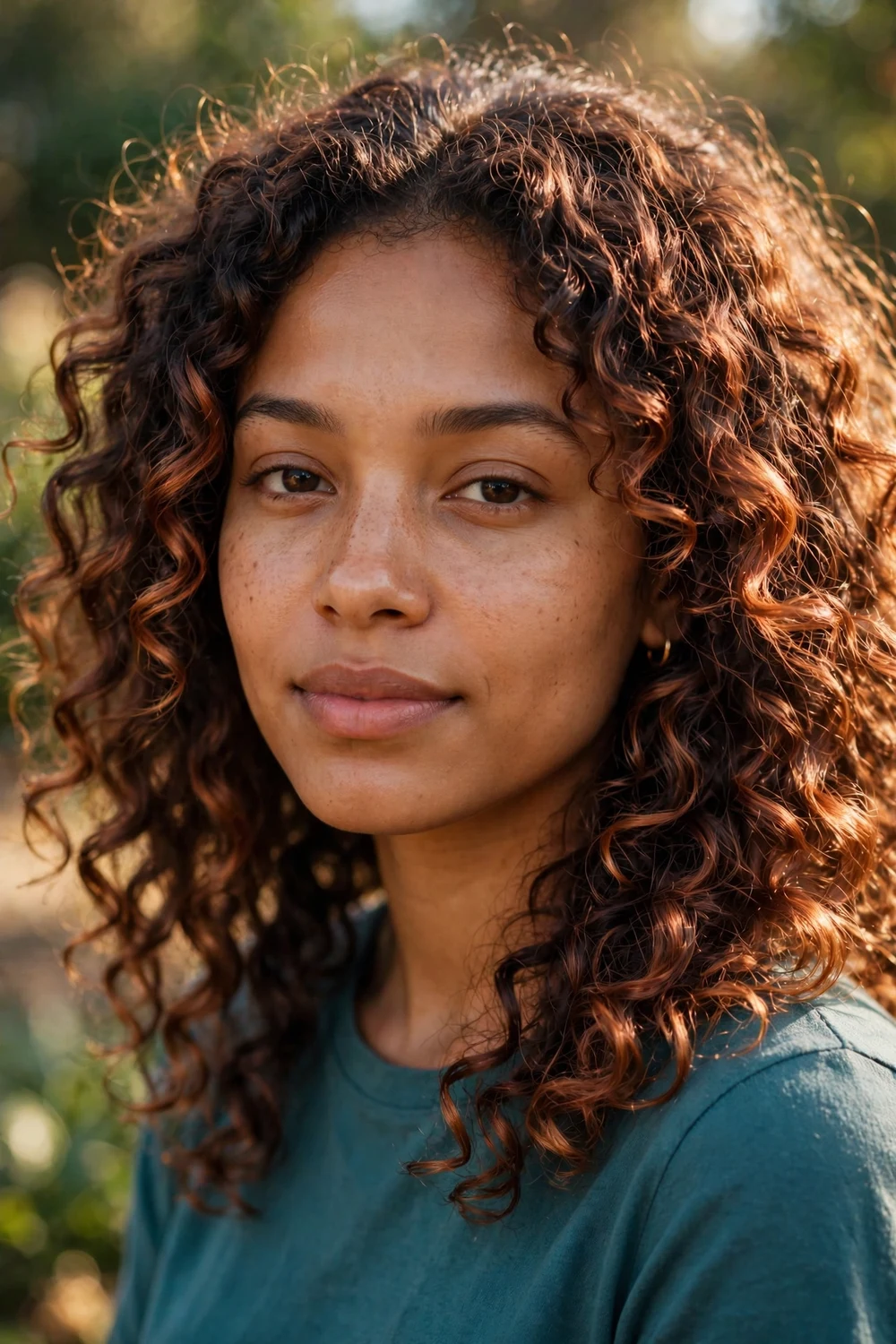 Woman with curly hair in copper bronze color, brown roots with metallic copper ends