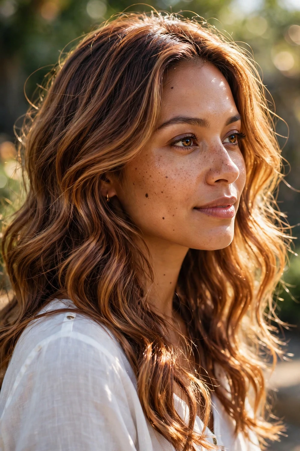Woman with golden copper brown hair, gold-flecked luminous waves