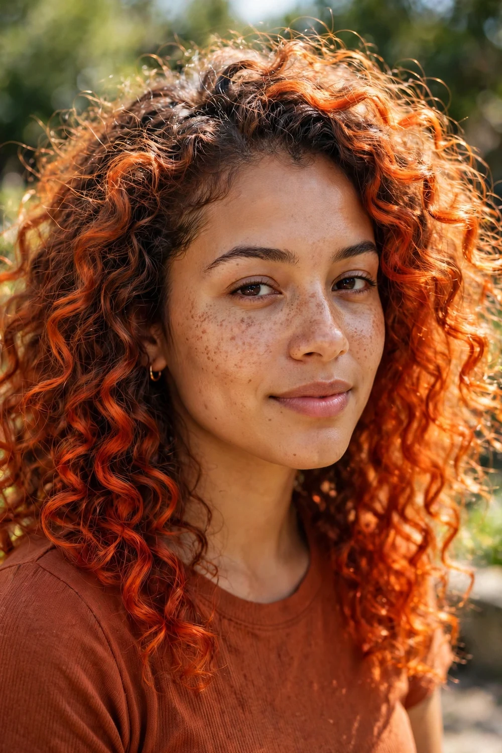Woman with curly hair in bright ginger brown, medium brown roots with fiery copper lengths