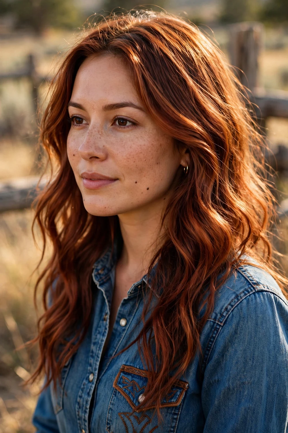 Woman with cowboy copper hair, rich caramel brown with deep red undertones, wavy