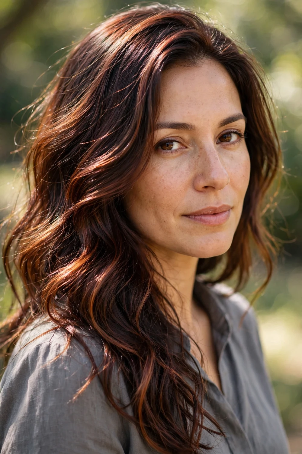 Brunette woman with copper brunette hair, deep brown with copper warmth