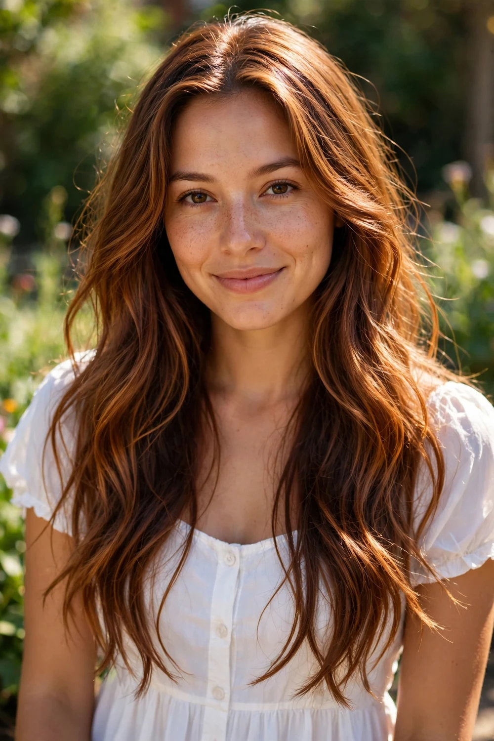 Woman with toasted coconut copper hair, warm brown with subtle copper highlights