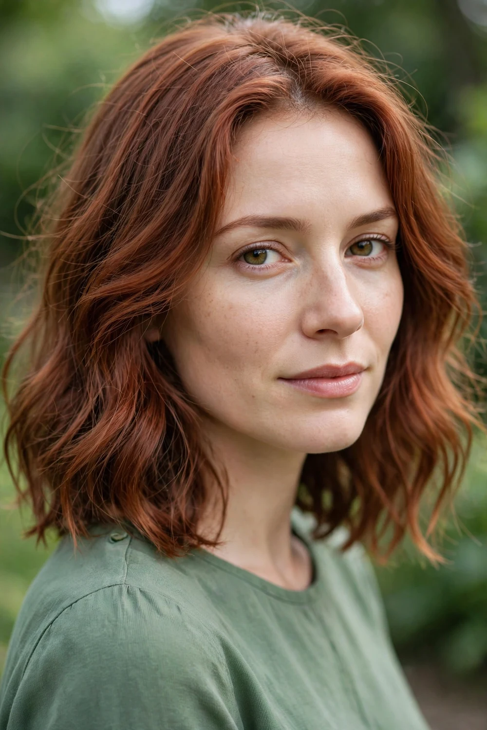 Woman with copper-auburn blend hair, natural-looking red-brown