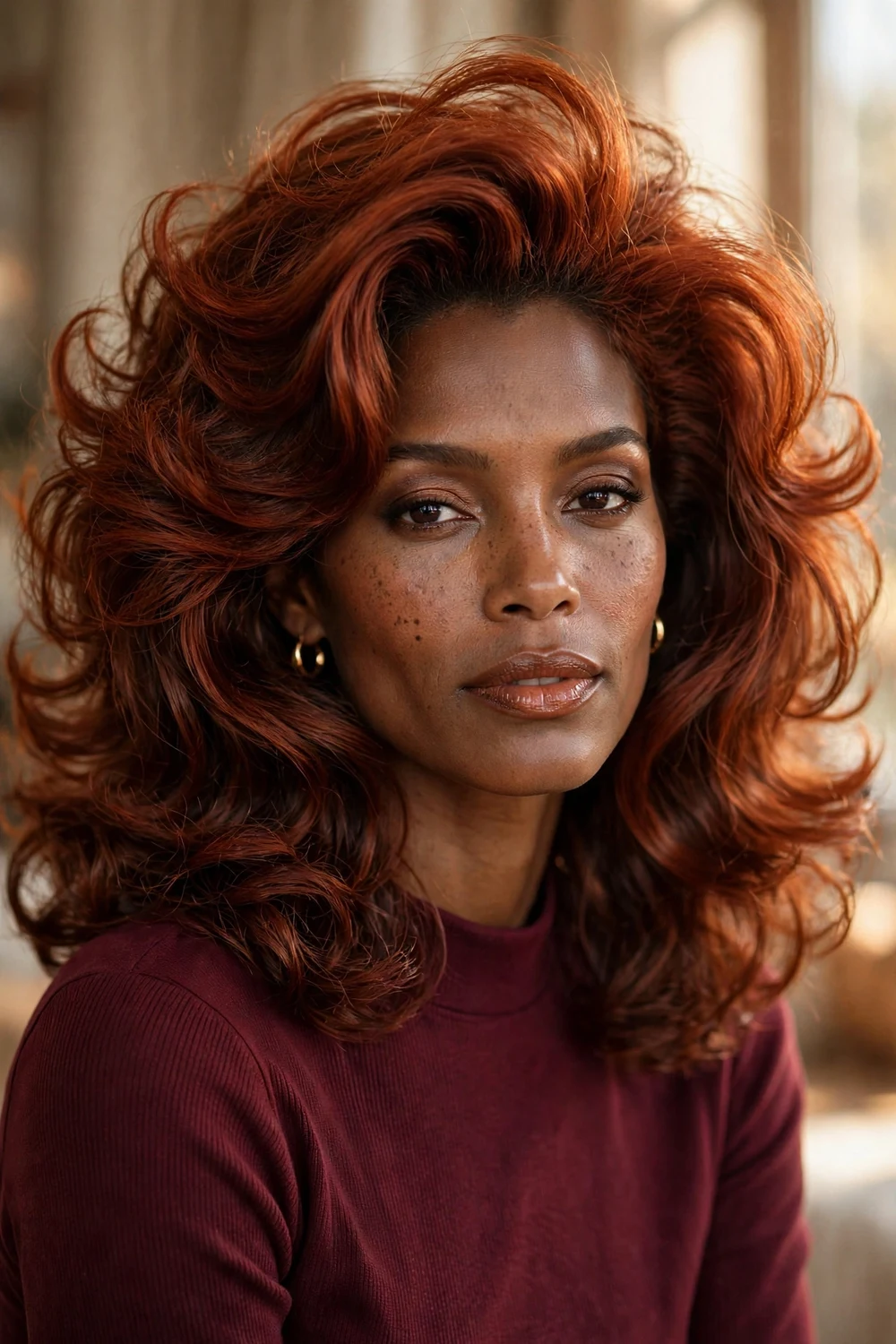 Woman with 90s-inspired copper hair, rich red with brown undertones, voluminous blowout