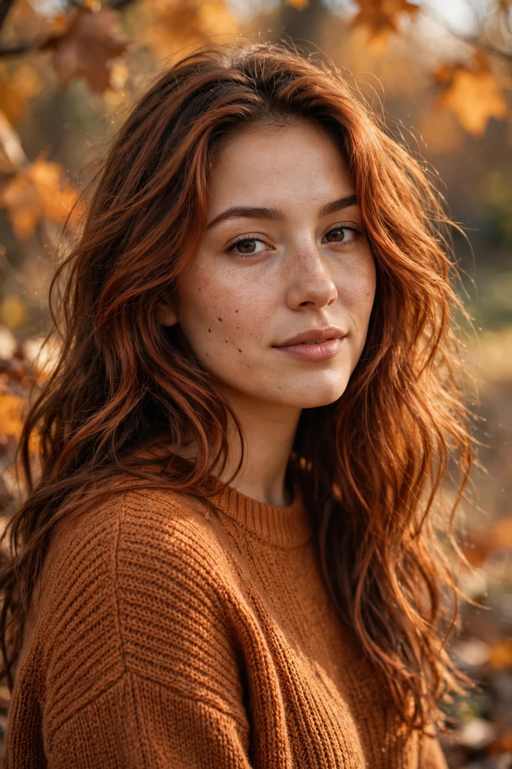 Woman with pumpkin spice hair color, warm brown with reddish copper undertones