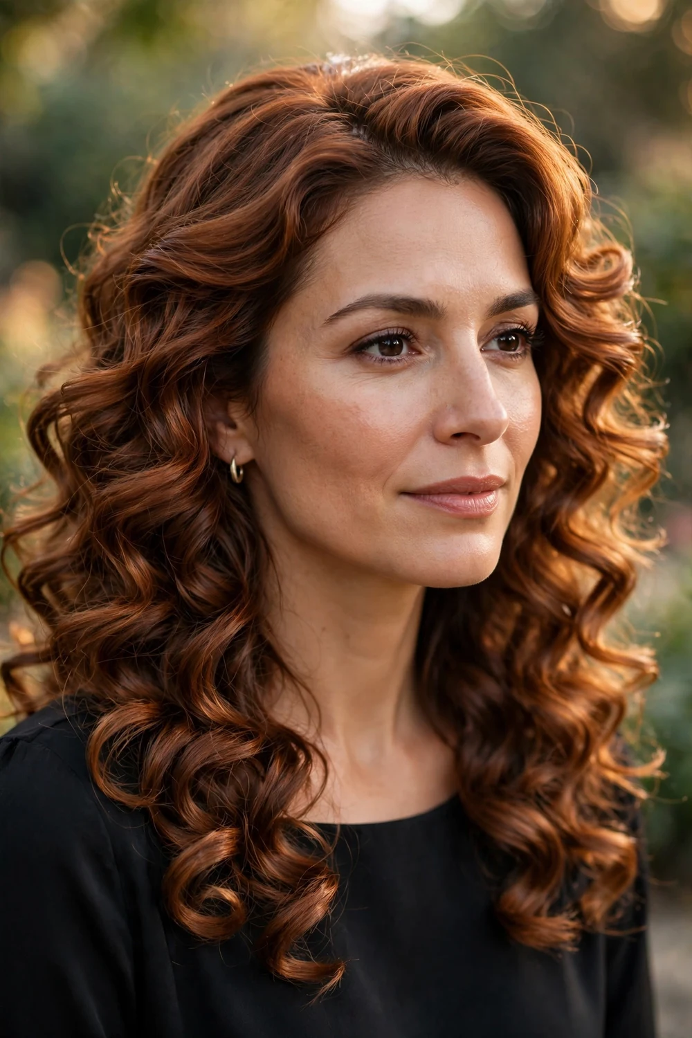 Woman with luxurious copper couture brown hair in bouncy curls