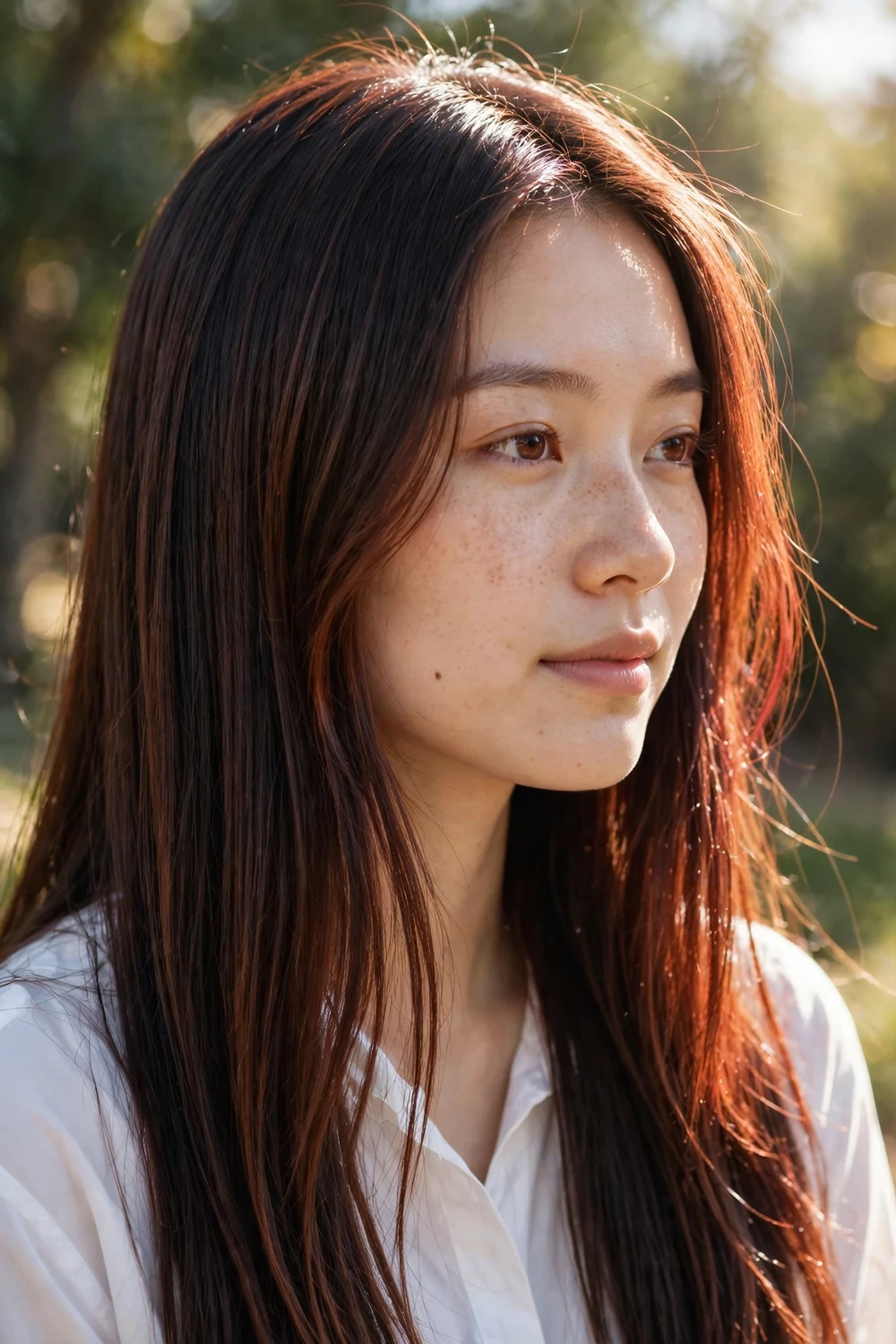 Woman with red light copper brown hair glowing in sunlight
