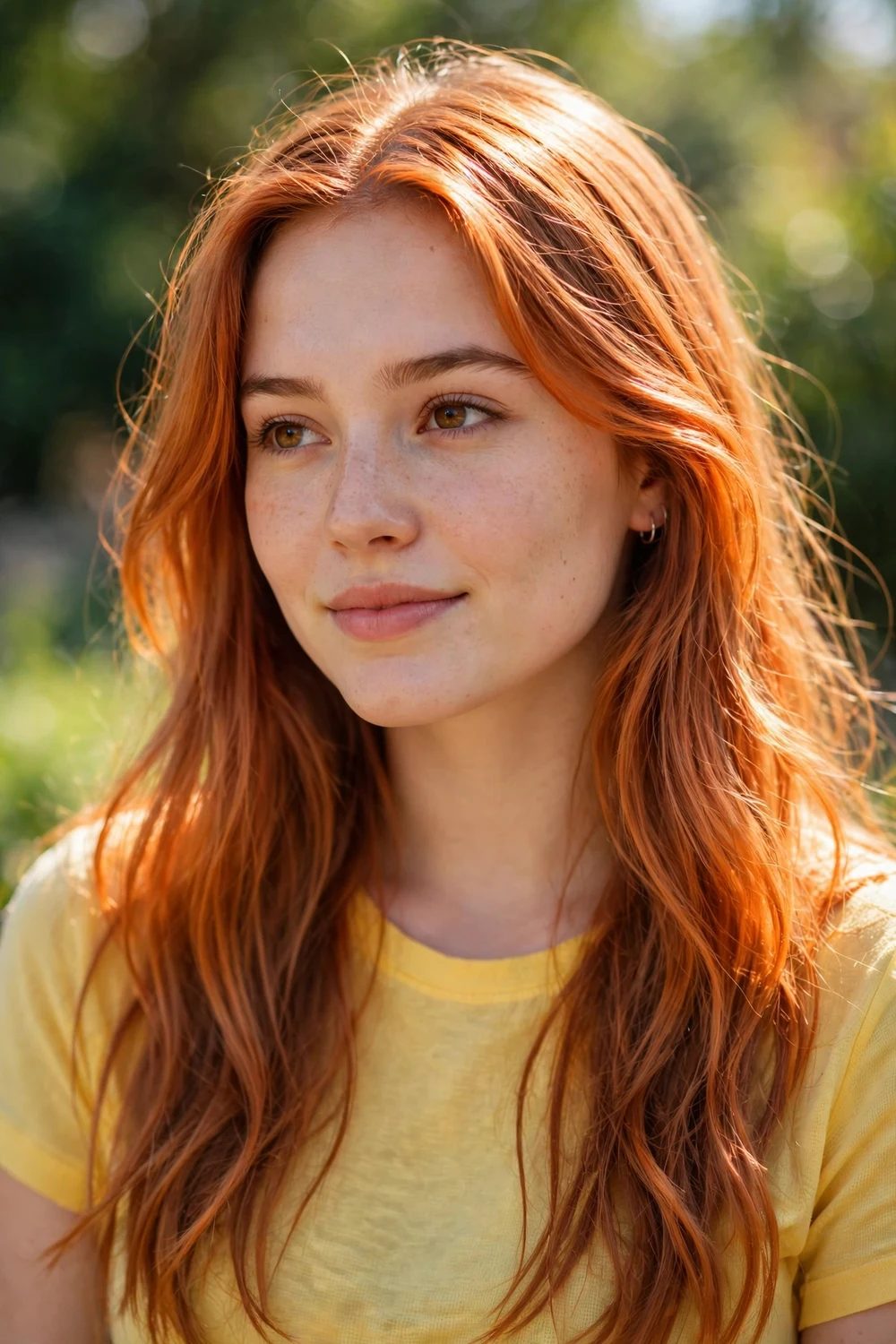 Young woman with orange light copper brown hair, youthful sweet tone